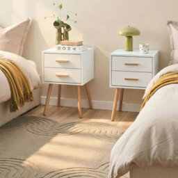 Wyld And Coco White Bedside Tables Set Of 2 With Solid Rubberwood Legs, Compact Scandi Nightstands - thumbnail 2