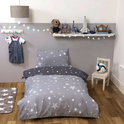 Ohs Galaxy Stars Duvet Cover With Pillowcase Kids Bedding Set Silver Grey, Silver Grey Charcoal Stars - Single - image 1