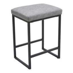 Grey Bar Stool Pu Leather Upholstered Seat 60Cm High Stool Black Metal Leg 1Pc - thumbnail 4