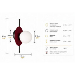 Luminosa Lighting Luminosa Luma Globe Wall Lights Black, Burgundy White Glass Shade 1X E27 - thumbnail 4