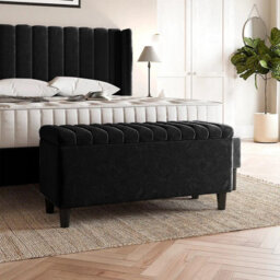 90Cm Lined Upholstered Ottoman Storage Box - Black Plush Velvet Blanket Storage Box With Wooden Legs - thumbnail 1