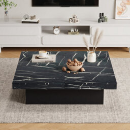 Btm Square Coffee Table With Marble Look, 4 Sliding Drawers, Centre Table, 90X90X25Cm, Black - thumbnail 6