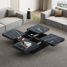 Btm Square Coffee Table With Marble Look, 4 Sliding Drawers, Centre Table, 90X90X25Cm, Black - thumbnail 3