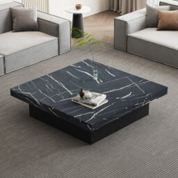 Btm Square Coffee Table With Marble Look, 4 Sliding Drawers, Centre Table, 90X90X25Cm, Black - thumbnail 2