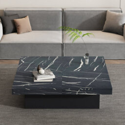 Btm Square Coffee Table With Marble Look, 4 Sliding Drawers, Centre Table, 90X90X25Cm, Black - thumbnail 5