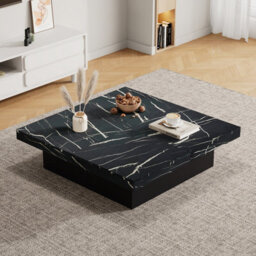Btm Square Coffee Table With Marble Look, 4 Sliding Drawers, Centre Table, 90X90X25Cm, Black - thumbnail 4
