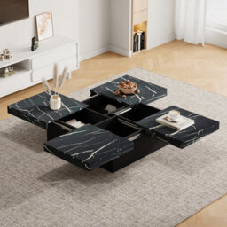 Btm Square Coffee Table With Marble Look, 4 Sliding Drawers, Centre Table, 90X90X25Cm, Black - thumbnail 1