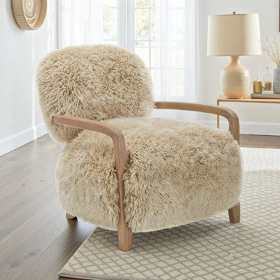 Sheepskin Armchair Oak Wood Frame Scandinavian Accent Chair Curved Arms - image 1