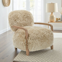Sheepskin Armchair Oak Wood Frame Scandinavian Accent Chair Curved Arms - thumbnail 2