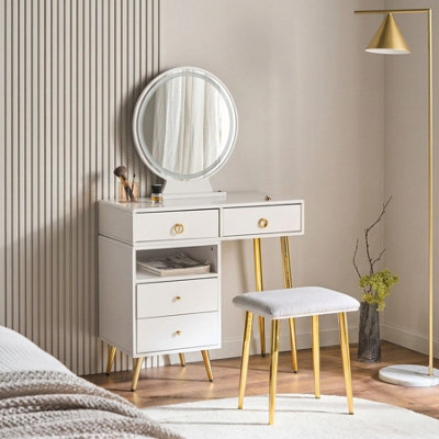 Beliani Glam Design Dressing Table White With Gold Trim, Led Mirror And 6 Drawers - W98 X D38 X H133Cm - image 1