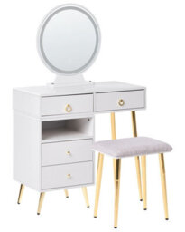 Beliani Glam Design Dressing Table White With Gold Trim, Led Mirror And 6 Drawers - W98 X D38 X H133Cm - thumbnail 3