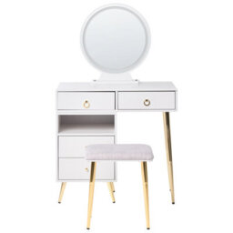 Beliani Glam Design Dressing Table White With Gold Trim, Led Mirror And 6 Drawers - W98 X D38 X H133Cm - thumbnail 2
