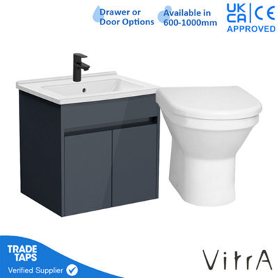 Vitra 600mm Wall Hung Bathroom Vanity Unit With 2 Doors Includes Basin, Black Tap And Back To Wall Toilet - Grey Gloss - image 1