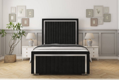 "Sloomy Boston Chrome Black Plush Bed Frame With Mattress With 50"" Upholstered Headboard 4' Small Double" - image 1