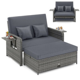 Pe Wicker Outdoor Daybed With 4 Level Adjustable Backrest Storage Ottoman - thumbnail 1