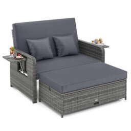 Pe Wicker Outdoor Daybed With 4 Level Adjustable Backrest Storage Ottoman - thumbnail 5