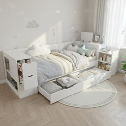 Modernluxe 3Ft Single Bed, 90 X 190 Cm, Daybed, Children's Bed With Drawers, Shelves And Storage Space, With Bedside Table, White - thumbnail 5