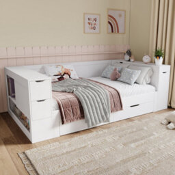 Modernluxe 3Ft Single Bed, 90 X 190 Cm, Daybed, Children's Bed With Drawers, Shelves And Storage Space, With Bedside Table, White - thumbnail 2