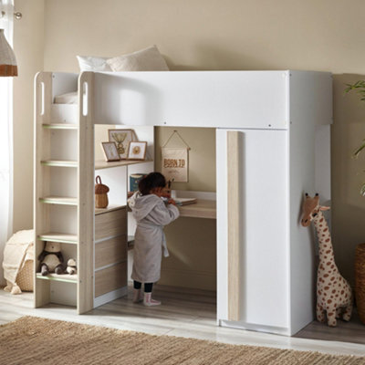 Julian Bowen Ocean 90Cm Single White And Wood Effect Highsleeper Loft Bed With Desk - image 1