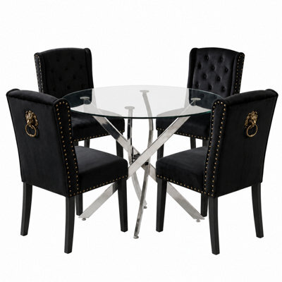 Oira Homes Modern 4 Seater Dining Table Set With Round Glass Dining Table And 4 Black Velvet Chairs - image 1