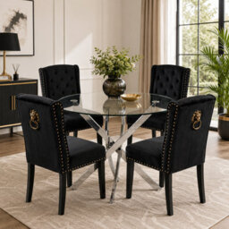Oira Homes Modern 4 Seater Dining Table Set With Round Glass Dining Table And 4 Black Velvet Chairs - thumbnail 2