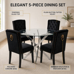 Oira Homes Modern 4 Seater Dining Table Set With Round Glass Dining Table And 4 Black Velvet Chairs - thumbnail 3