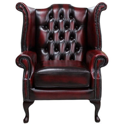 Chesterfield High Back Wing Chair Antique Oxblood Red Real Leather In Queen Anne Style - image 1