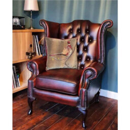 Chesterfield High Back Wing Chair Antique Oxblood Red Real Leather In Queen Anne Style - thumbnail 2