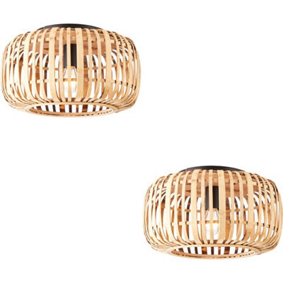 Loops 2 Pack Semi Flush Low Ceiling Light - Natural Bamboo & Matt Black - 10W Max Led E27 - image 1