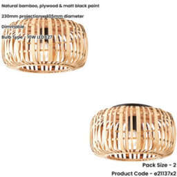 Loops 2 Pack Semi Flush Low Ceiling Light - Natural Bamboo & Matt Black - 10W Max Led E27 - thumbnail 2