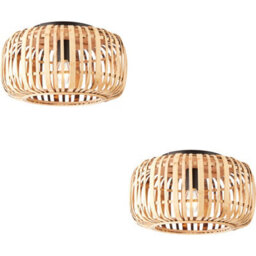 Loops 2 Pack Semi Flush Low Ceiling Light - Natural Bamboo & Matt Black - 10W Max Led E27 - thumbnail 1