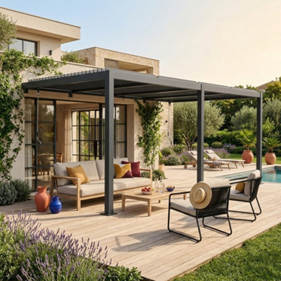 Sweeek - Lean To Pergola With Louvered Roof Aluminium 4 X 3M Palace Anthracite - image 1