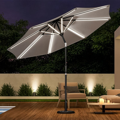 Living And Home 3M Large Garden Solar Led Lights Parasol Outdoor Patio Umbrella Sun Shade Crank Tilt With Round Base, Light Grey - image 1