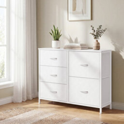 Ledrem Chest Of Drawers, Storage Unit With 5 Fabric Drawers And Wooden Top, 98.7 X 30 X 74.7 Cm, White - thumbnail 5