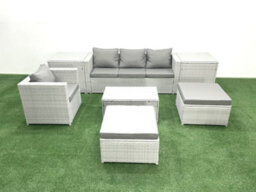 Fimous 7 Pieces Rattan Garden Furniture Set Outdoor Garden Sofa Chair Coffee Table Set 2 Side Tables 2 Big Stools Light Grey - thumbnail 2