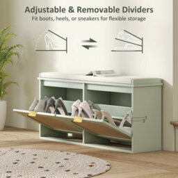 Homcom Boho Shoe Bench With Padded Seat And 2 Flip-Drawers, Light Green - thumbnail 7