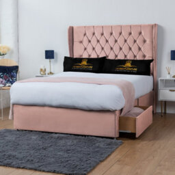 UKBEDFURNITURE Mary Pink Plush Wingback Divan Bed 2 Foot End Drawers With 10 Inch Orthopaedic Mattress & 54 Inch Headboard - thumbnail 1
