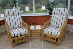 Garden Market Place Gardenmarketplace Portofino Cane Conservatory Furniture Duo Set- 2 Chairs And A Side Table- Striped Fabric. - thumbnail 1