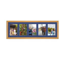 AK Frames 26X8 Country Pine Classic Multi Photo Frame With Blue Mount - Holds 5 Apertures (5X) 6X4 Photos - thumbnail 1