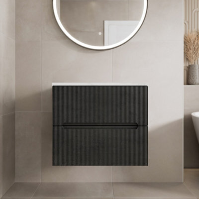 Affine 600mm Bathroom Vanity Unit White Marble Countertop Wall Hung Fluted Black Unit - image 1