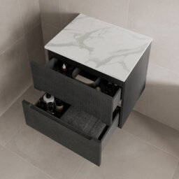 Affine 600mm Bathroom Vanity Unit White Marble Countertop Wall Hung Fluted Black Unit - thumbnail 3