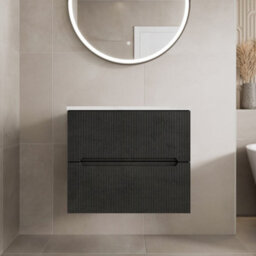 Aveli 600mm Bathroom Vanity Unit White Marble Countertop Wall Hung Fluted Black Unit