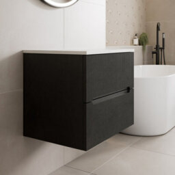 Affine 600mm Bathroom Vanity Unit White Marble Countertop Wall Hung Fluted Black Unit - thumbnail 2