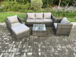 Fimous Rattan Garden Furniture Set Patio Outdoor Lounge Sofa Set With 2 Armchairs Square Coffee Table Big Footstool - thumbnail 1