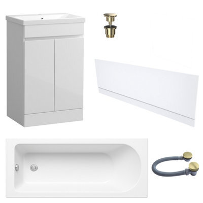 FNX Bathrooms Waterproof 600mm Vanity Unit With Single Ended Bath Gloss White Front Panel Brushed Brass Bath & Universal Basin Waste Set - image 1