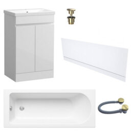 FNX Bathrooms Waterproof 600mm Vanity Unit With Single Ended Bath Gloss White Front Panel Brushed Brass Bath & Universal Basin Waste Set - thumbnail 1