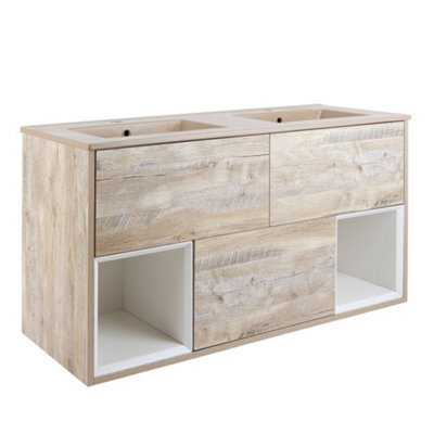 Homestylestore Light Oak 1212mm Wall Hung Bathroom Vanity Unit Open Shelf And Sand Basin - image 1
