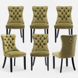 HomeTouch Set Of 6 Lux Olive Green Velvet Tufted Dining Chairs With Pull Knocker, Wing Back Kitchen Chairs Home Office Bedroom Chairs
