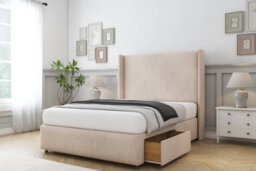 "Sloomy Stratford Sand Naples Divan Bed No Drawers With 54"" Wingback Headboard & 12"" Footboard 4'6 Double" - thumbnail 4