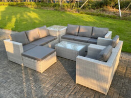 Fimous 9 Seater Light Grey Outdoor Pe Rattan Garden Furniture Set Sofa Set Coffee Table Footstool 2 Armchair - thumbnail 3